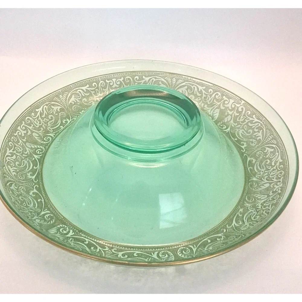 Lancaster Deco Brocade Green Uranium Glass Console Bowl 11” 1930s Gold Etching